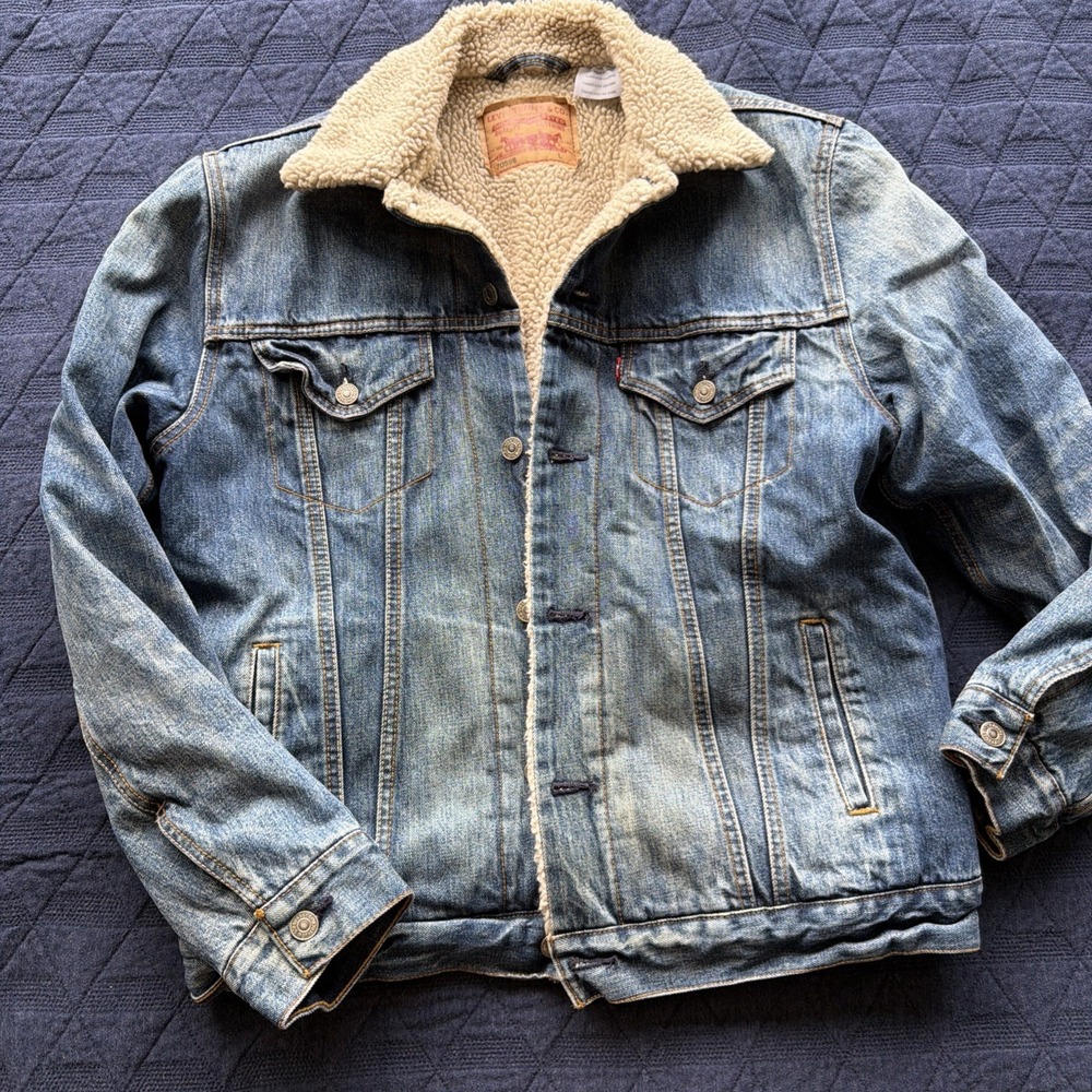 Levis Sherpa Lined Denim Trucker Jacket Mens Size L 70598